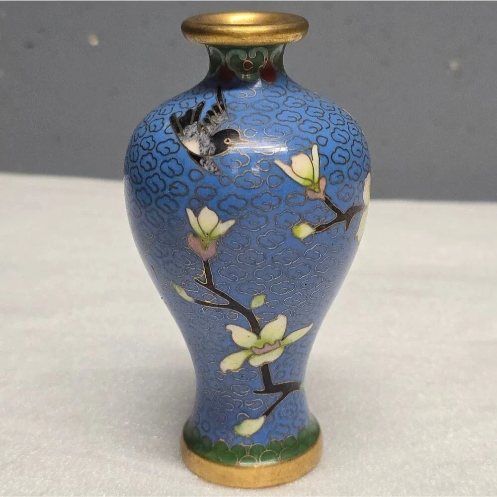 Cloisonne Cherry Blossom Flowers With Bird Blue Vintage Chinese Mini Vase
